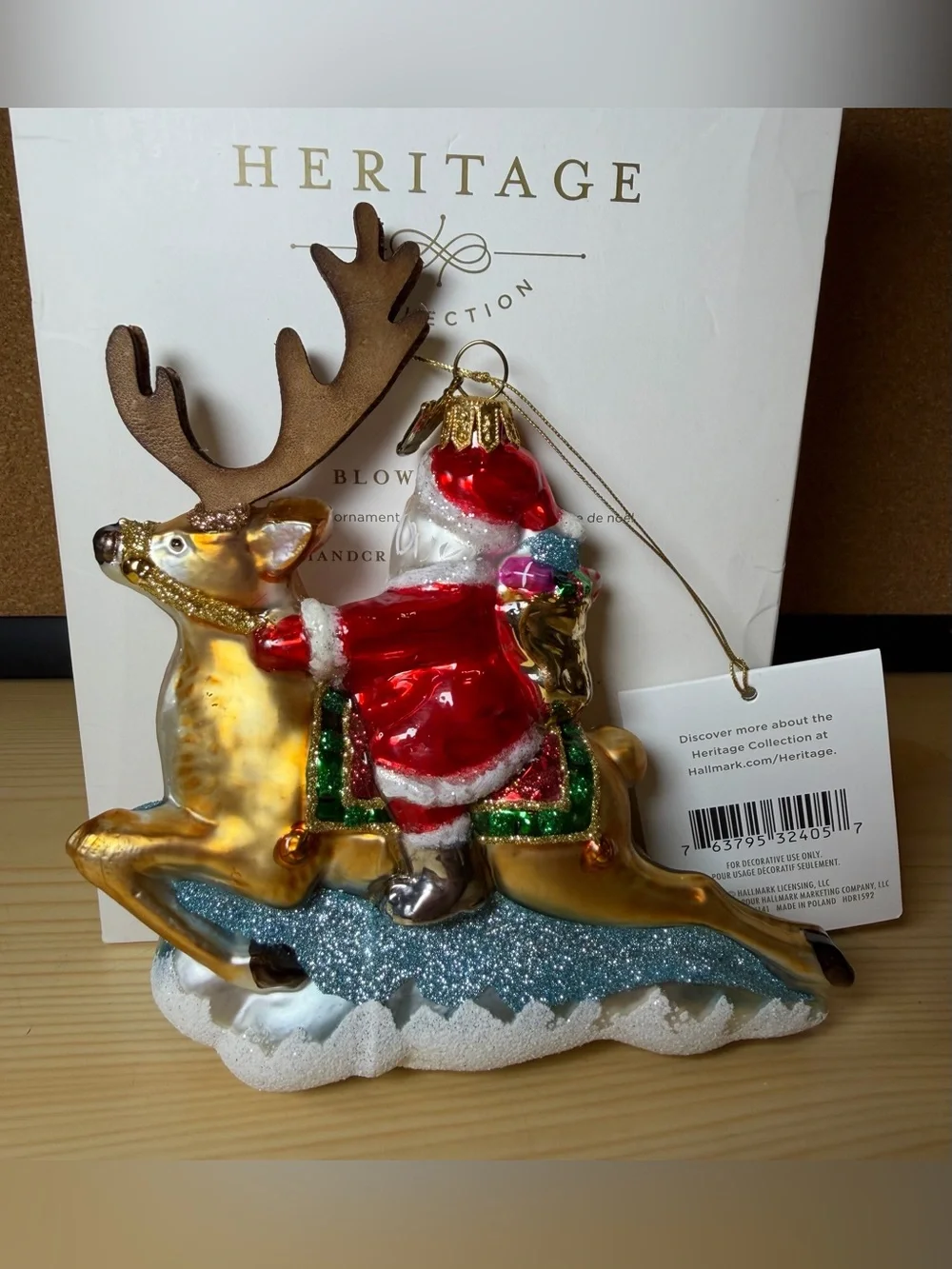 Hallmark Heritage Blown Glass Folk Art Santa Tree Ornament Reindeer Tags & Box